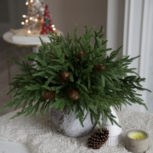 florisso Artificial Christmas Norfolk Pine Stems Branches for Vases,12 Bundles Faux Pine Branches with 5 PCS Big Fake Pinecones Stems Greenery Evergreen Real Touch for Holiday Winter Table Xmas Decor - color: Big Pine Cones