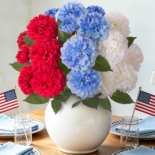 INXUGAO Artificial Flowers for Vase,6 Bunches Fake 27.5“ Long Stems Silk Pompon Dahlia for Indoor Outdoors Home Decor, Front Door Porches Yard Patio Garden Planters - [2 Red + 2 Blue + 2 White] - color: Redbluewhite