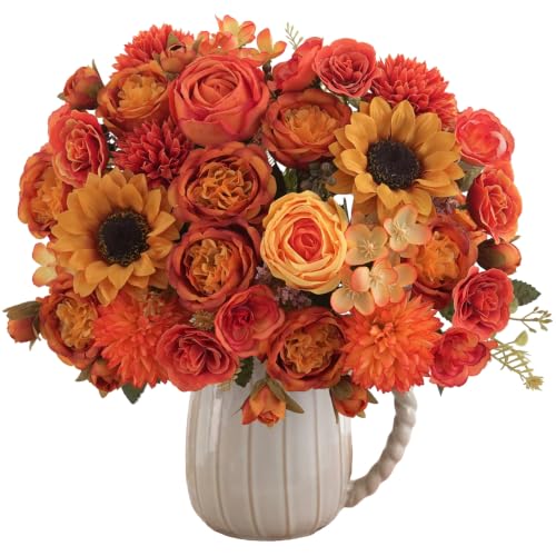 8 Pcs Mixed Autumn Artificial Peony Flower Set-4 Bouquets & 4 Stems, Orange Yellow Fake Peony Sunflower Rose Silk Flower for Fall Table Centerpiece Farm Wedding Thanksgiving Halloween Home Decor - color: Orange & Yellow, size: Mixed 8pcs