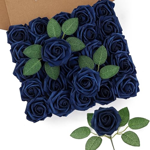 DuHouse 25Pcs Artificial Roses Flowers Fake Roses with Stems Real Touch Foam Flowers for DIY Wedding Bouquet Party Centerpiece Floral Arrangement Party Home Decor (Navy Blue) - color: Navy Blue, size: 25pcs