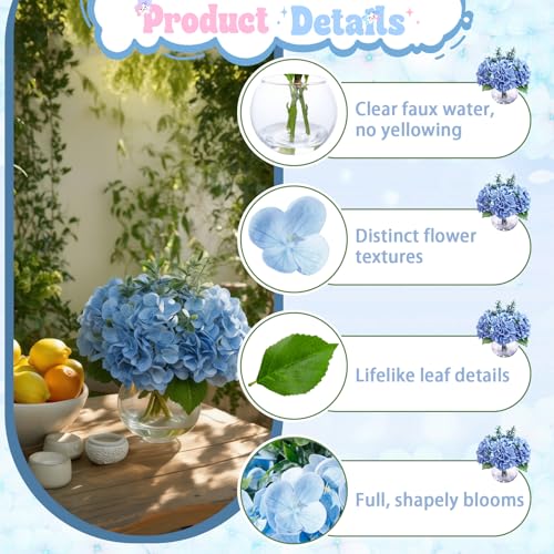Blue Hydrangea Artificial Flowers with Eucalyptus in Vase Fake Flowers Coffee Table Decor Real Touch Flowers with Faux Water for Home Decor - color: A-blue