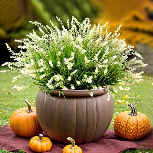 Ammyoo Artificial Faux Plants Flowers for Outdoor Decorations, Fake Monkey Grass for Outside Porch Patio, No Fade Realistic Greenery Plant, UV Resistant Artificial Shrubs for Courtyard Window Garden - color: White, size: 12 Pcs