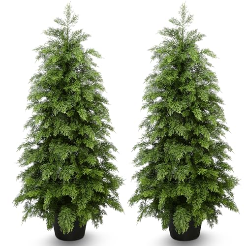 3ft Artificial Cedar Topiary Trees 2 Pack,Real Touch Cedar Tree Faux Plants Potted UV Resistant Evergreen Tree for Outdoor Indoor Door Garden Farmhouse Home Decoration - size: 3ft