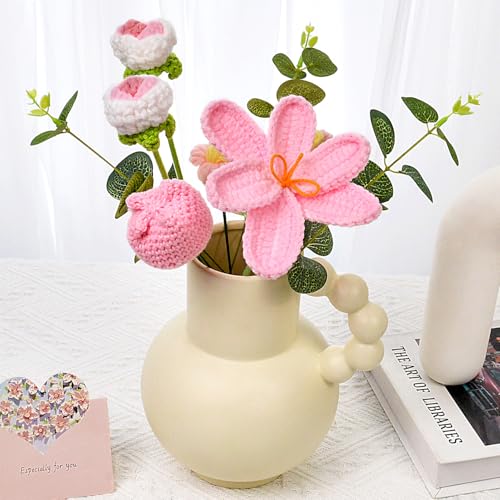 Crochet Flowers Bouquet - Handmade Tulips Roses Daisies Knitted Flowers for Mother's Day Wedding Anniversary Birthday Teacher Appreciation Gifts Home Decor Pink - color: Pink
