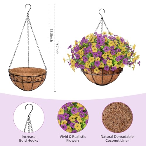 Artificial Fake Hanging Flowers Plants Basket Outdoors, Faux Silk UV Resistant Look Real Daisy Eucalyptus for Spring Summer Garden Porch Home Patio Balcony Yard Decorations, Yellow Purple - color: Yellow and Purple