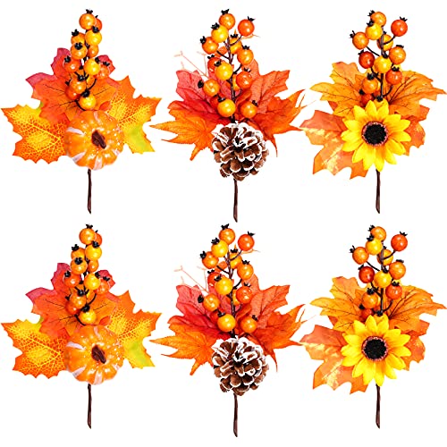 6 Pack Artificial Maple Leaves Branches Autumn Pumpkin Berry Twig Stem Orange Fall Stems Fake Artificial Flower Picks for Thanksgiving Christmas Harvest Festival Decoration DIY Floral Arrangements - color: Style 1