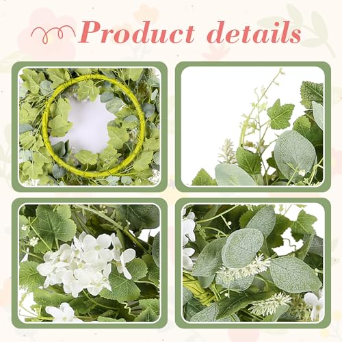YNYLCHMX 20" Spring Summer Wreaths for Front Door, Artificial Wreath with White Flowers Grapevines Green Eucalyptus Leaves, Green Foliage Wreath for Wall Window Farmhouse Party Holiday Home Decor - color: Grapevines