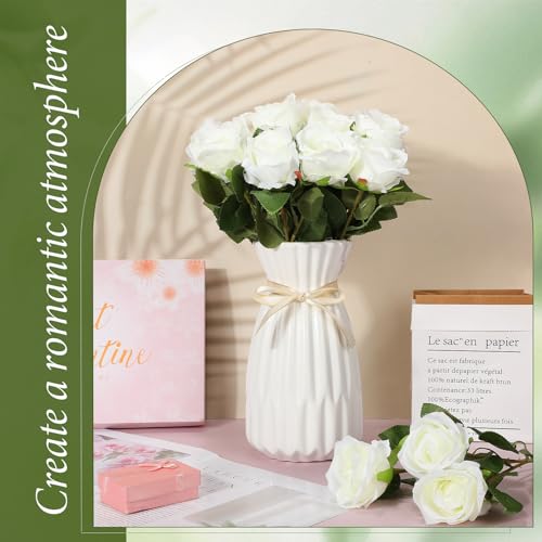 Hotop 40 Pcs Rose Artificial Flowers Bulk with Long Stem,Realistic Silk Fake Roses Bouquet for Home Wedding Centerpieces Party Table Decoration Valentines Gifts(White) - color: White