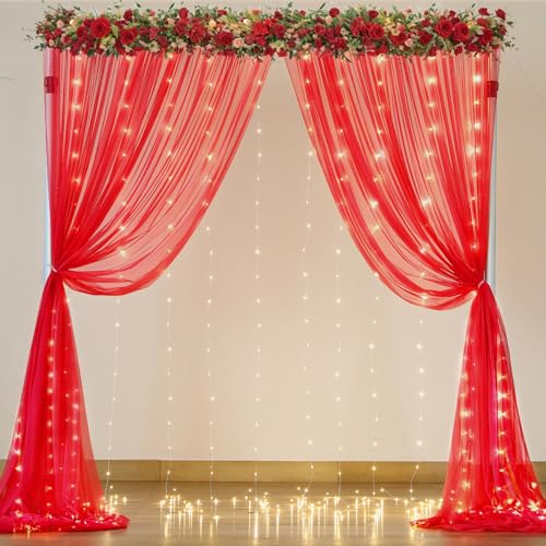 Red Tulle Backdrop Curtain with Lights String for Parites 10x8ft Red Sheer Backdrop Curtains Drapes for Birthday Party Bridal Shower Baby Shower Christmas Wall Photo Booth Background Decorations - color: Red, size: 10 ft X 8 ft(2 Panels 5ft X 8ft)
