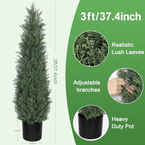 3FT Artificial Topiary Cedar Trees, 2-Pack Realistic Pre-Potted UV Resistant Faux Cypress Plants for Home Porch, Garden, and Entryway Decor - size: 3FT (37inch)