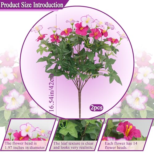 2Pcs Artificial Flowers for Outdoors Fake Plants Outside Spring Summer Decoration Realistic Silk Morning Glory UV Resistant Faux Flowers for Planter Patio Yard Garden Porch Magenta Light Purple - color: Magenta, Light Purple
