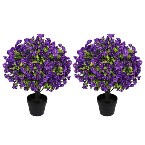 24" Artificial Potted Plants Outdoor Set of 2, UV Resistant Faux Purple Flowers with Eucalyptus, Decorative Plants in Pots for Front Porch, Patio & Entryway - color: Purple, size: 24in Morning Glory Eucalyptus