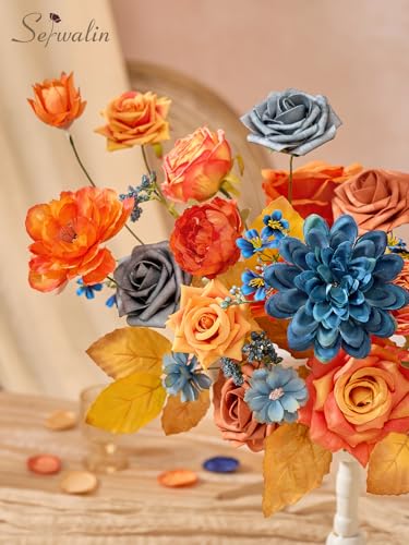 Serwalin Fall Flowers Artificial, Orange Silk Flowers with Stems, Fake Roses Blue Dahia Flower for Wedding Bouquets Bridal Baby Shower Party Arrangment Cake Floral Decoration - color: A Bright Orange & Blue, size: 1 Box