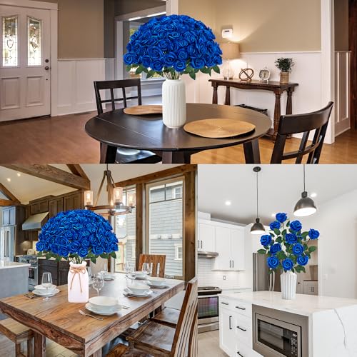 Sggvecsy 50 Pcs Artificial Roses Fake Flowers Velvet Silk Roses with Stems Bulk Realistic Faux Flowers for Bridal Bouquets Wedding Centerpieces Valentines Day DIY Home Party Decor (Blue) - color: Blue