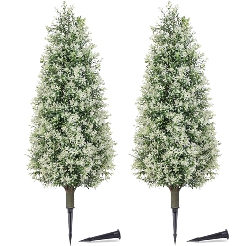 PATIO CHOICE 3ft Artificial Topiary Trees with Ground Spike Set of 2 Outdoor Faux Plants Realistic Faux Bushes and Shrubs Decorations for Outdoor Front Porch Garden - color: White, size: 3ft