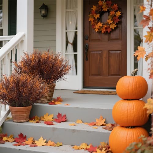 RAINFLOW Thanksgiving Artificial Fall Flowers for Outdoors - 4PCS Fall Needle Grass Fake Flowers for Decoration, Fall Decorations for Centerpiece Table Vase Home Front Porch Patio Outdoor Wedding