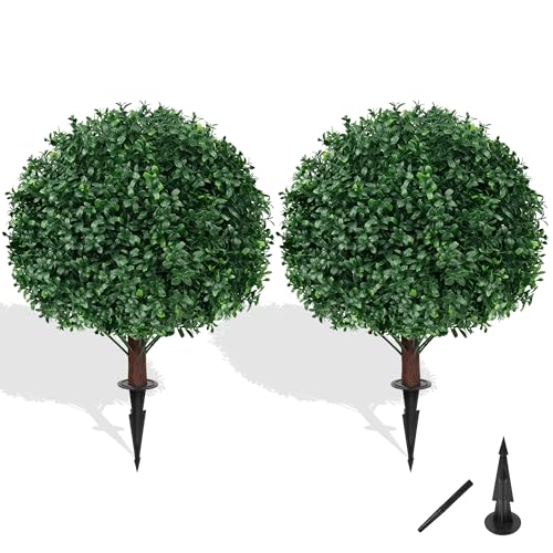 Grooy Artificial Boxwood Topiary Ball Tree with Ground Spike, Set of 2 Artificial Shrub Bushes, Fake Evergreen Tree for Porch, Artificial Plants for Outdoor Planters Indoor UV Resistant - color: Boxwood