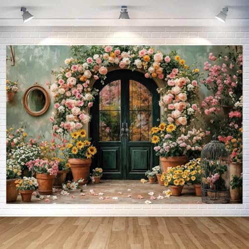 7X5ft Flower Backdrop Coloful Floral Arch Retro Door Photography Backdrops Modern Interior Rustic Style Wall Decoration Wedding Portrait Background Studio Photo Booth Props - color: Multi4, size: 7X5ft