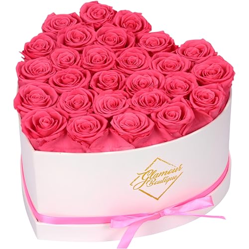 GLAMOUR BOUTIQUE Preserved Roses in a Box - Gifts for Her, Wife & Mom, Rose Flowers Forever Decor for Birthday Gift, Get Well Flower Bouquet Cased in White Box with Cover - Pink - 27 (Color-Treated) - color: Pink, size: 27 Roses Heart Box