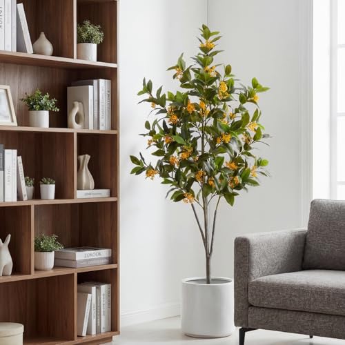 Daifunli 5ft Artificial Flower Tree Indoor Faux Osmanthus Tree Realistic Osmanthus Plants in Pot with Orange Flowers Lifelike Fake Floor Plant for Indoor Outdoor Home Living Room Office Wedding - style: Osmanthus Tree