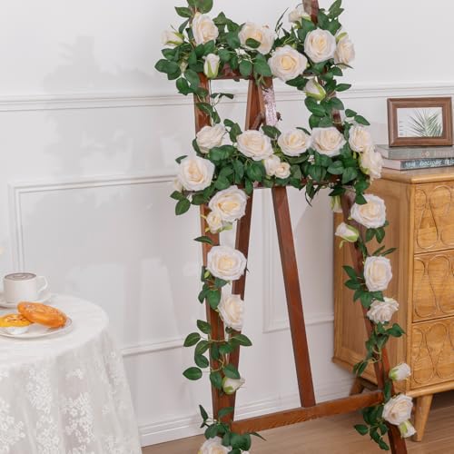 U'Artlines 5 Pack Artificial Champagne Rose Vines Floral Garlands Total 32.5 Ft Fake Vine Silk Flower Garland for Indoor Outdoor Home Wedding Arch Garden Wall Decoration - color: Champagne, size: Set of 5