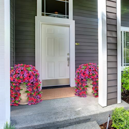 INXUGAO Artificial Fake Hanging Flowers Plants for Outdoor Spring Summer Decoration, 2PCS Faux Silk Morning Glory Long Vines Stems UV Resistant Look Real for Outside Home Porch Patio, Hot Pink Purple - color: Rose Red Violet