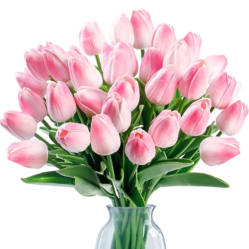 Sggvecsy 30 Pcs Fake Tulips Artificial Flowers Real Touch PU Faux Flowers Tulip Stems for Wedding Spring Bouquet Floral Arrangement Home Party Office Decorations for Mother's Day (Light Pink) - color: Light Pink, size: 30 Pcs