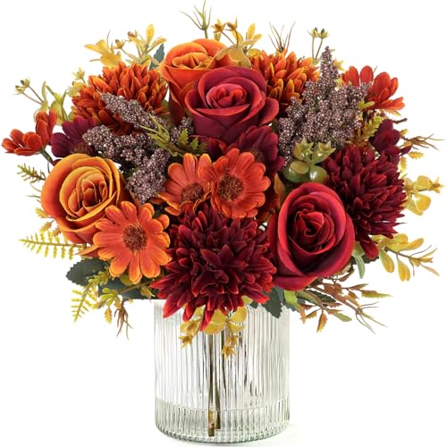 Dremisland Artificial Flowers Like Real Artificial Bouquet 2 Packs Silk Artificial Roses Bouquet with Daisy Chrysanthemum Orange Red Flowers for Centerpiece Table Wedding Party Home Decor - color: Orange&red, size: 2PCS