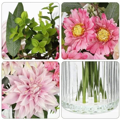 Briful Artificial Flower Arrangement with Glass Vase, 12.5" Faux Dahlia Silk Flowers Centerpiece Table Decorations Pink Mixed Floral Bouquet for Home Office Dining Room Coffee Table Wedding Decor - color: Pink Purple