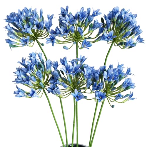 Htmeing 6PCS Artificial Agapanthus Flowers Long Stems Silk Lily Flowers for Home Hotel Flower Arrangement Party Decor (Blue) - color: Blue