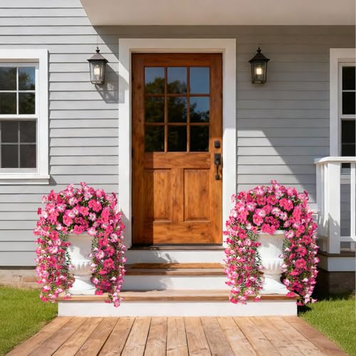 Artificial Fake Flowers Plants for Outdoor Spring Summer Decoration,2 PCS Faux Silk Morning Glory with Eucalyptus Leaves,UV Resistant Realistic Outdoor Flowers for Balcony Porch Patio Yard Garden - color: Rose Red Pink