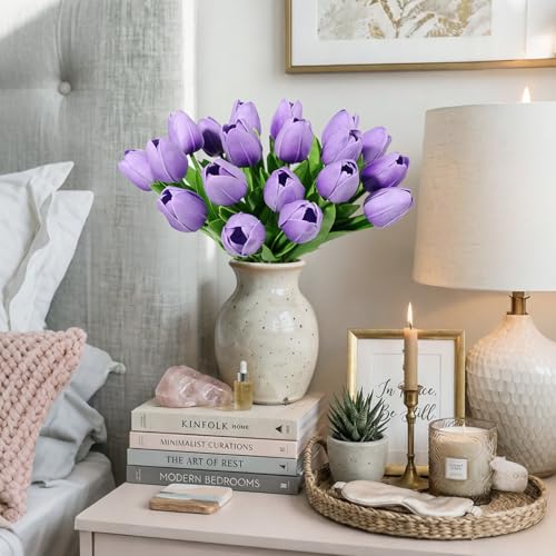 Beferr 18pcs Tulips Artificial Flowers Faux Tulip Real Touch Tulip Fake Flowers Bouquets Arrangements for Mothers Day Spring Easter Wedding Home Table Decor - color: M-18pcs-1colors-lavender, size: 18PCS