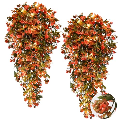 RECUTMS 2Pcs Artificial Fall Hanging Flowers for Outdoor Faux Fall Hanging Plant with 30 LED Fairy String Lights Fake Greenery Vines for Autumn Outdoor Front Porch Thanksgiving Decor(Autumn Red) - color: Lights Autumn Red-rose