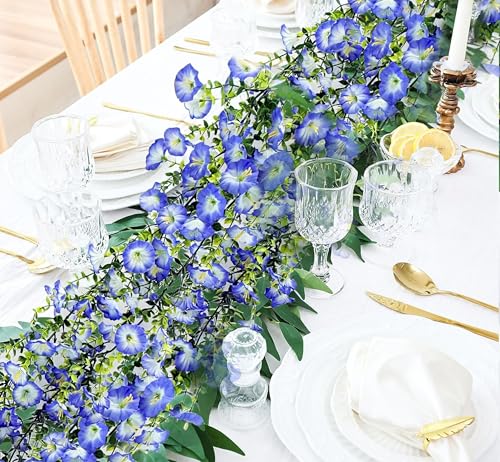 Artificial Flowers Garland 2PCS Blue Artificial Silk Morning Glory Vine Artificial Flowers Hanging Eucalyptus Garland for Wall Fence Arch UV Protected Indoor Outdoor Decor - color: Blue