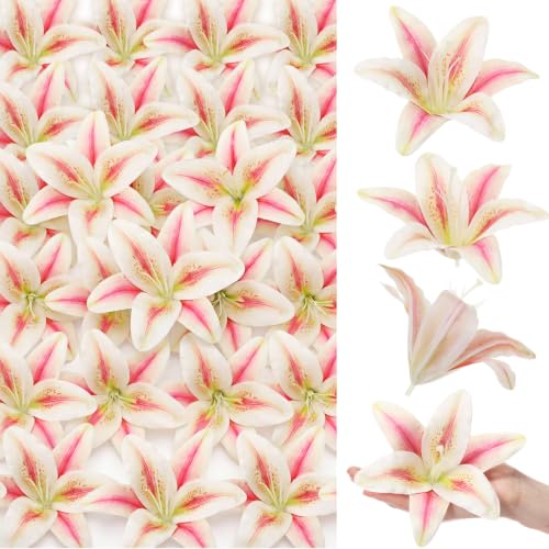 Suncalla 30 Pack Large Artificial Lilies Flower Heads with Realistic Stamens 5.9" Faux Fake Lily Flower Heads Bulk for DIY Crafts Cake Wedding Bridal Wreaths Table Home Party Decor(Dark Bean Paste) - color: Dark Bean Paste