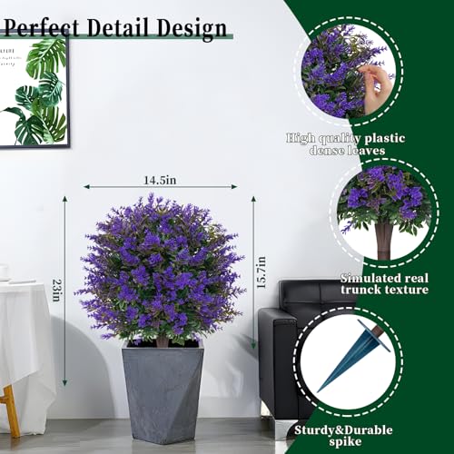Artificial Lavender Topiary Ball Trees, 2 Set of Boxwood Outdoor Shrubs with Spike, Faux Bushes UV Resistant Fake Plants for Garden Front Porch Indoor Decor - color: Lavender Ball