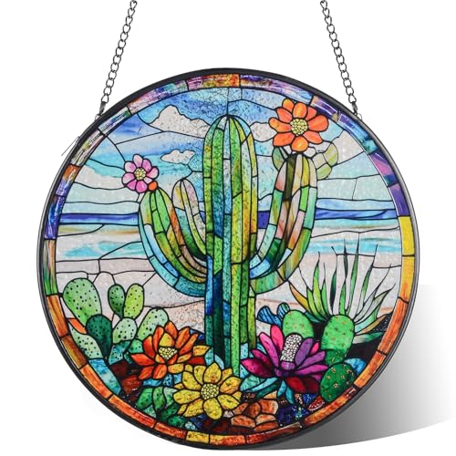 Cactus Suncatcher Decor, Cactus Stained Glass Window Art Beach Decor Sea Glass Hanging - 7.9" Outdoor/Indoor Art Decor for Home Garden