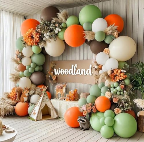 Balloon Arch Kit - Double Stuffed Dusty Green Orange Brown Beige Balloons for Neutral Baby Showers Woodland Wild One Dinosaur Birthday Decorations - color: Orange, Green, Brown