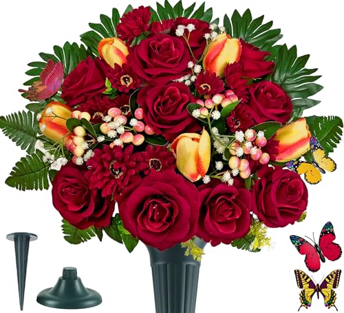 Artificial Cemetery Flowers for Grave,Memorial Flowers Bouquet with Vase for Headstones Decoration Red Rose Daisies Berry Tulips - color: Red