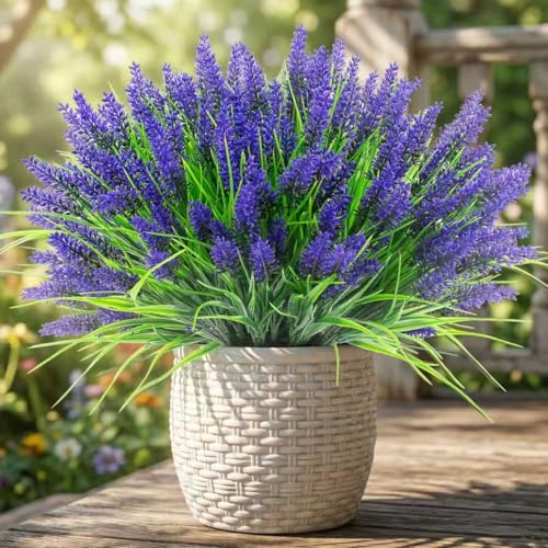 Rowfad 22 Pcs Artificial Outdoor Flowers UV Resistant Lavender Fake Greenery Plants Grass with Purple Flowers for Pot Decor for Window Garden Patio Hanging Planter Pathway Front Porch (22, Purple) - color: Purple