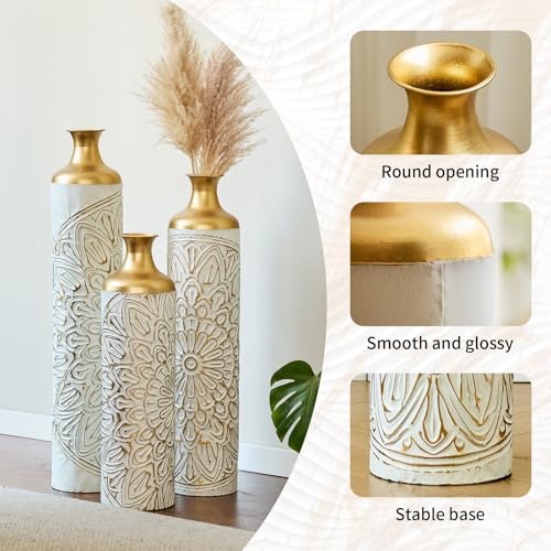 Tall Floor Vases Set of 3 for Decor Living Room Floor, White and Gold Vases Home Decor, Embossed Body Pattern, 33.07" H/29.13" H/24.4" H Geometric Cylinder (White 2) - color: White 2