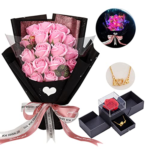 EIGHTOWN Roses Bouquet Artificial Flower - Preserved Pink Rose Flowers with Love Necklace for Her - Unique Gifts Valentine's Day, Mother's Day, Thanksgiving, Birthday, Anniversary - color: Cute Pink