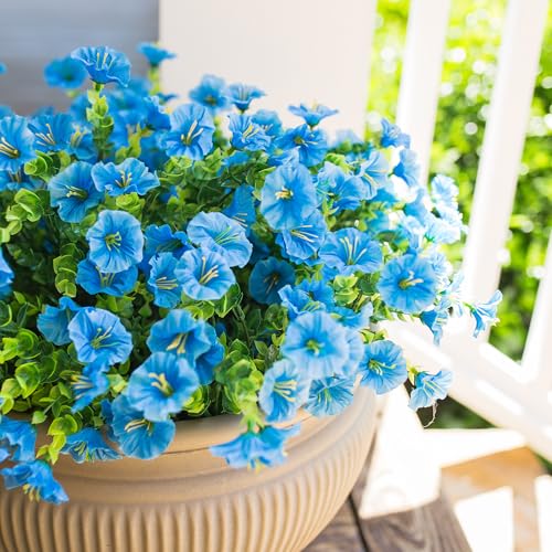 HyeFlora Artificial Fake Outdoor Flowers Plants for Spring Summer Decor, 12 Bundles Outside Silk Blue Morning Glory UV Resistant Look Real Faux Flowers for Front Door Patio Porch Yard Window Balcony - color: Blue