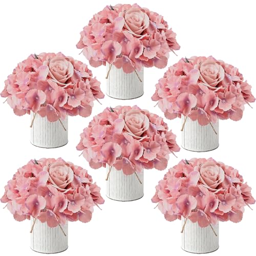 Flower Table Centerpieces - Set of 6 Floral Arrangement Artificial Wedding Hydrangeas Floral Arrangement with Rustic Metal Vase for Bridal Tea Party Event Decorations - Deep Pink - color: Deep Pink