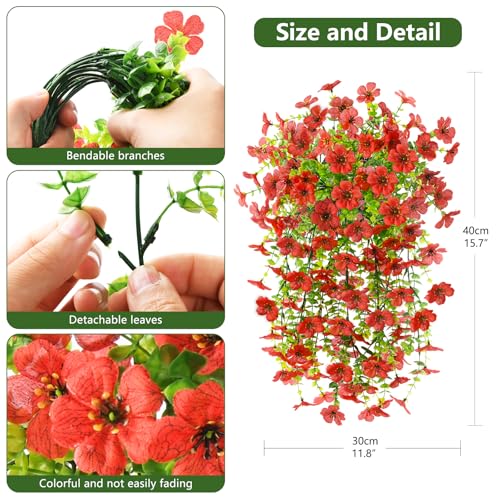 Homsunny Artificial Fake Hanging Flowers Plants for Outdoor Spring Decorations, 2 PCS Faux Daisy Silk Flower Outside No Fade UV Resistant Realistic Home Decor for Porch Patio Window Box (Red - color: Red