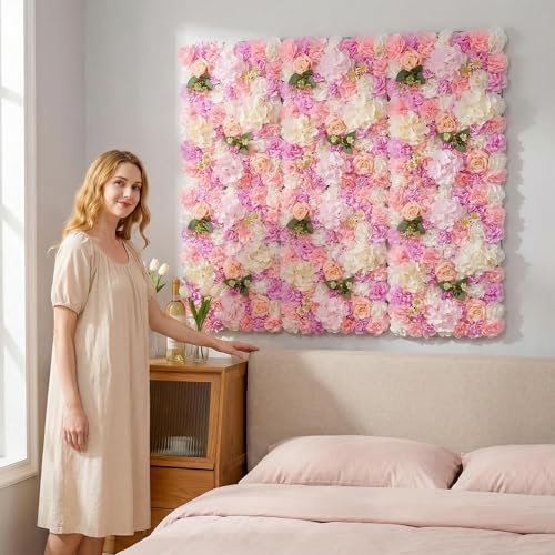 3D Flower Wall Backdrop 6 Pack, 24x16 Inch Pink & Purple Artificial Rose Panels for Wedding, Party, Photo Studio, Home & Fence Decor - color: Pink and Purple, size: 6PCS-16x24