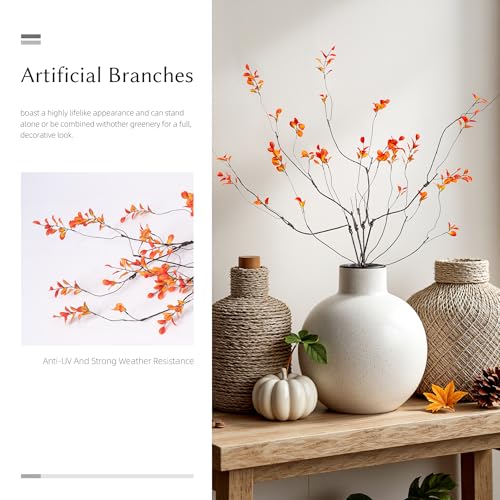 Artificial Ficus Branches 4PCS Artificial Eucalyptus Stems Fake Ficus Branches Faux Plants Greenery Leaves Filler Vase for Home Decor Green Twig Leaf Office Wedding Decoration 35.4" Orange - color: 35.4"orange 4pcs