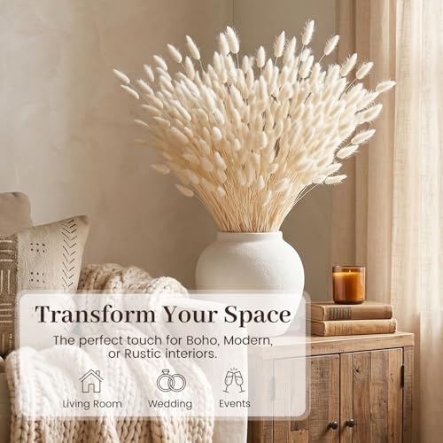 JOHOUSE 120PCS Dried Pampas Grass Decor, 17inch White Bunny Tails Dried Flowers, Bunny Tails Handpicked Bunch, Boho Flowers Home Table Decor, Wedding Decorations for Home
