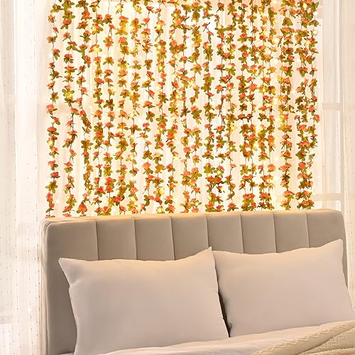 BLEUM CADE 5Pcs 41Ft Flowers Garland Artificial Rose Vines with 32.8Ft String Lights, Cute Fake Hanging Flower Vines Floral Garland Decorations for Wedding Party Wall Room Decor Aesthetic - color: Orange With Lights, size: 5 Pcs