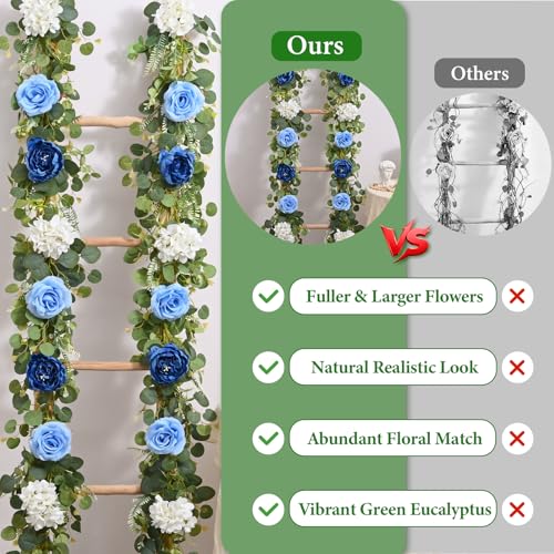 Livole 6 FT Artificial Flower Garland Real Touch Fake Blue Floral Rose Peony Garland with Eucalyptus Flower Hanging Vine for Wedding Table Centerpieces Backdrop Party Arch Home Decorations - color: Blue, size: 1 Pc